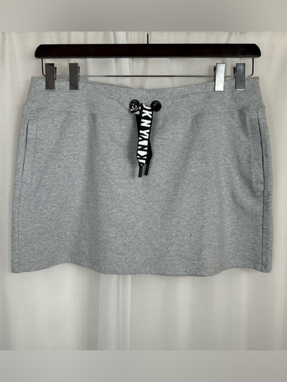 NWT DKNY Sport Gray Stretchy Cotton Blend Mini Skirt XL Drawstring Pockets Terry